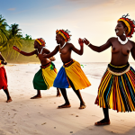 ** A vibrant, energetic Punta dance scene on a Caribbean beach at sunset. Garifuna dancers in colorful traditional clothing move rhythmically to the beat of drums. The atmosphere is joyful and full of life. Imagine a photo from a cultural festival, focusing on the dancers' passion and the beauty of the natural setting.

**