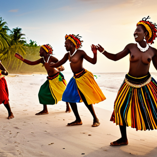 Home 4 ** A vibrant, energetic Punta dance scene on a Caribbean beach at sunset. Garifuna dancers in colorful traditional clothing move rhythmically to the beat of drums. The atmosphere is joyful and full of life. Imagine a photo from a cultural festival, focusing on the dancers' passion and the beauty of the natural setting.
**