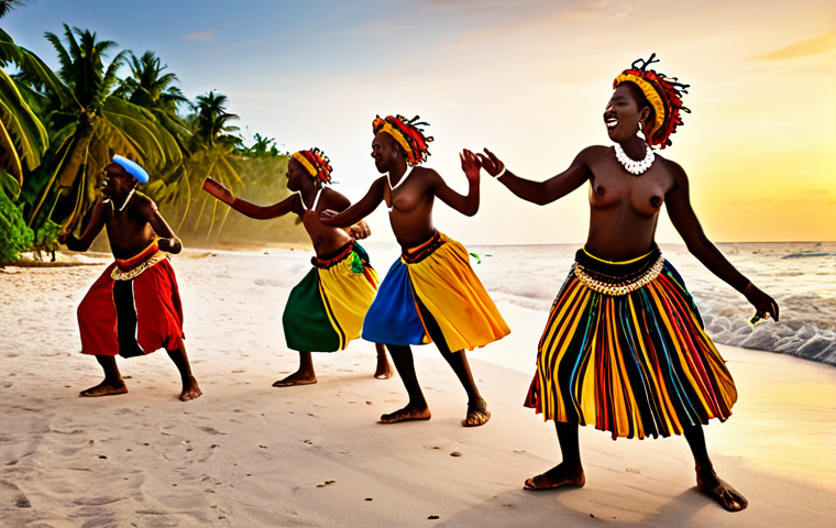 ** A vibrant, energetic Punta dance scene on a Caribbean beach at sunset. Garifuna dancers in colorful traditional clothing move rhythmically to the beat of drums. The atmosphere is joyful and full of life. Imagine a photo from a cultural festival, focusing on the dancers' passion and the beauty of the natural setting.
**