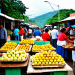A bustling, vibrant local market scene in Honduras. Numerous local people, both vendors and shoppers, are present, all fully clothed in appropriate, modest attire. The market stalls are overflowing with colorful fresh tropical fruits like mangoes, pineapples, and papayas, and various fresh vegetables and spices. In the foreground, a street food stall offers delicious Honduran dishes like 'baleadas' and 'pollo con tajadas', prepared by a smiling local vendor. The atmosphere is authentic, lively, and family-friendly, showcasing the rich cultural daily life. safe for work, appropriate content, fully clothed, modest, perfect anatomy, correct proportions, natural pose, well-formed hands, proper finger count, natural body proportions, professional photography, high quality, highly detailed, realistic, vivid colors, natural light.