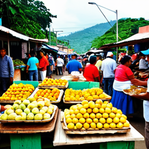 Home 22 A bustling, vibrant local market scene in Honduras. Numerous local people, both vendors and shoppers, are present, all fully clothed in appropriate, modest attire. The market stalls are overflowing with colorful fresh tropical fruits like mangoes, pineapples, and papayas, and various fresh vegetables and spices. In the foreground, a street food stall offers delicious Honduran dishes like 'baleadas' and 'pollo con tajadas', prepared by a smiling local vendor. The atmosphere is authentic, lively, and family-friendly, showcasing the rich cultural daily life. safe for work, appropriate content, fully clothed, modest, perfect anatomy, correct proportions, natural pose, well-formed hands, proper finger count, natural body proportions, professional photography, high quality, highly detailed, realistic, vivid colors, natural light.