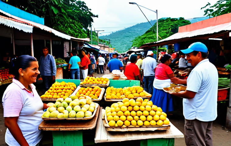 A bustling, vibrant local market scene in Honduras. Numerous local people, both vendors and shoppers, are present, all fully clothed in appropriate, modest attire. The market stalls are overflowing with colorful fresh tropical fruits like mangoes, pineapples, and papayas, and various fresh vegetables and spices. In the foreground, a street food stall offers delicious Honduran dishes like 'baleadas' and 'pollo con tajadas', prepared by a smiling local vendor. The atmosphere is authentic, lively, and family-friendly, showcasing the rich cultural daily life. safe for work, appropriate content, fully clothed, modest, perfect anatomy, correct proportions, natural pose, well-formed hands, proper finger count, natural body proportions, professional photography, high quality, highly detailed, realistic, vivid colors, natural light.