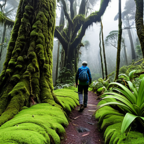 Home 21 A nature photographer, fully clothed in durable, modest hiking gear, capturing the ethereal beauty of Sierra de Agalta National Park. The scene features a dense, misty cloud forest with colossal trees draped in moss and vibrant orchids. A well-maintained hiking path winds through the lush, green undergrowth. Soft, diffused sunlight filters through the canopy, creating a mystical atmosphere. High-resolution, professional nature photography, perfect anatomy, correct proportions, natural pose, well-formed hands, proper finger count, natural body proportions, appropriate attire, safe for work, appropriate content, family-friendly.