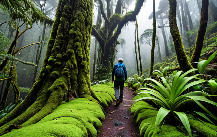 A nature photographer, fully clothed in durable, modest hiking gear, capturing the ethereal beauty of Sierra de Agalta National Park. The scene features a dense, misty cloud forest with colossal trees draped in moss and vibrant orchids. A well-maintained hiking path winds through the lush, green undergrowth. Soft, diffused sunlight filters through the canopy, creating a mystical atmosphere. High-resolution, professional nature photography, perfect anatomy, correct proportions, natural pose, well-formed hands, proper finger count, natural body proportions, appropriate attire, safe for work, appropriate content, family-friendly.