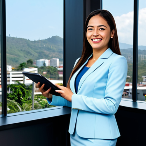 Home 20 **
A professional businesswoman in a modest business suit, standing in a modern office building in Tegucigalpa, Honduras. The background shows the city skyline during the day. She is holding a tablet and smiling confidently. Fully clothed, appropriate attire, safe for work, perfect anatomy, natural proportions, professional photography, high quality.
**