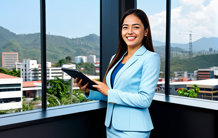 **
A professional businesswoman in a modest business suit, standing in a modern office building in Tegucigalpa, Honduras. The background shows the city skyline during the day. She is holding a tablet and smiling confidently. Fully clothed, appropriate attire, safe for work, perfect anatomy, natural proportions, professional photography, high quality.
**